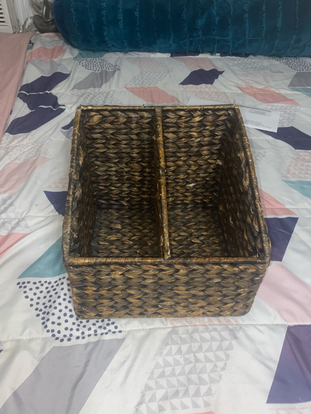 Woven Seagrass Storage Bin - Two-Compartment Organizer, Brown